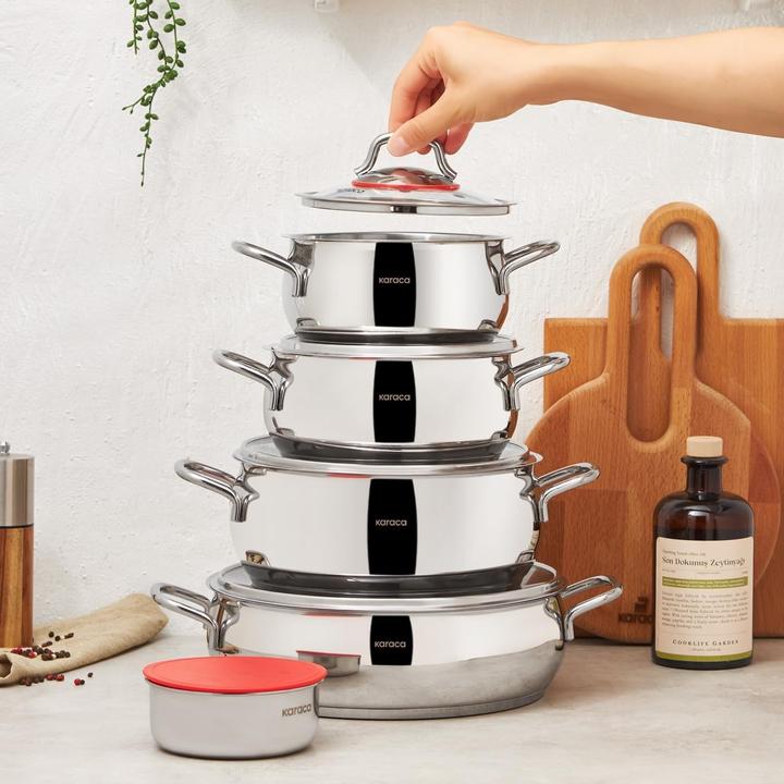 Produktbild Karaca Emirgan XL Cookware with Storage Lid Induction Base Made of Steel Pack of 10 (Pfannenset + Topfset, Edelstahl)