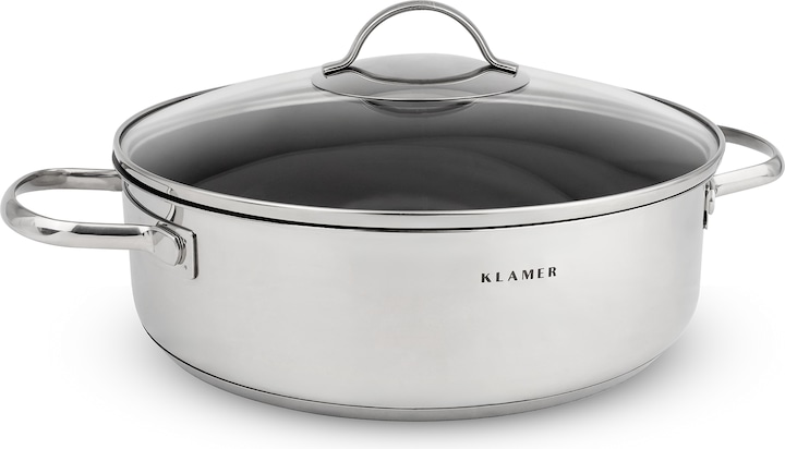 KLAMER 28cm Induktion Servierpfanne, Antihaft, Backofenfest, inkl. Deckel (28 cm, Bräter + Schmortopf, Edelstahl)
