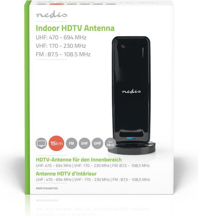 Produktbild Nedis Innenantenne Aktiv FM/UHF/VHF Empfangsbereich: 0-15 km LTE700 Verstärkung dBi (bei Antennenkab (Zimmerantenne, 28 dB, UKW / MW / LW, DAB/ DAB+)