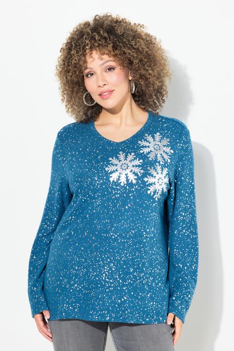 Produktbild Ulla Popken Sweatshirt, Schneeflocken, V-Ausschnitt, Langarm (50, 52)