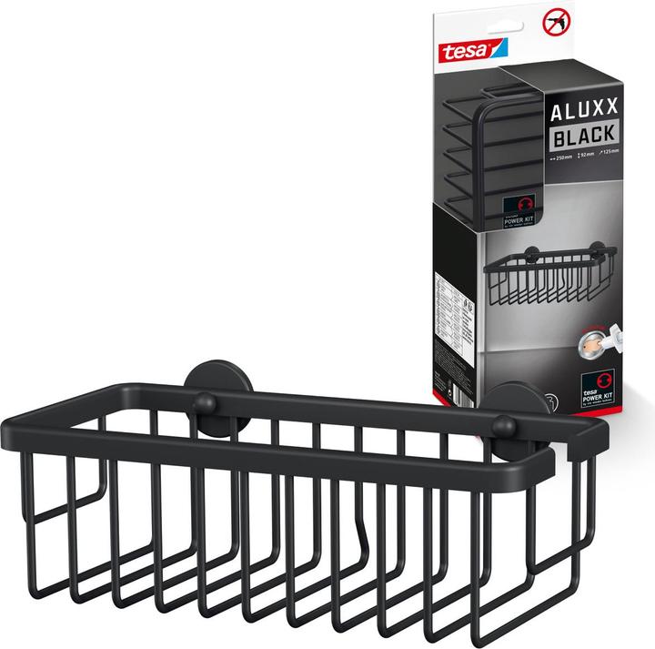 Actual product image tesa ALUXX BLACK shower basket incl. adhesive solution without drilling (25 x 12.5 x 9.5 cm)