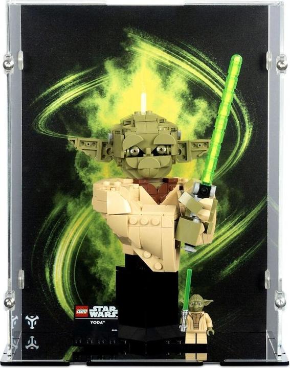 Produktbild iDisplayit Acryl-Display für LEGO® 75438 Star Wars - Yoda Büste (Mit Hintergrundbild & schwarzem Boden)