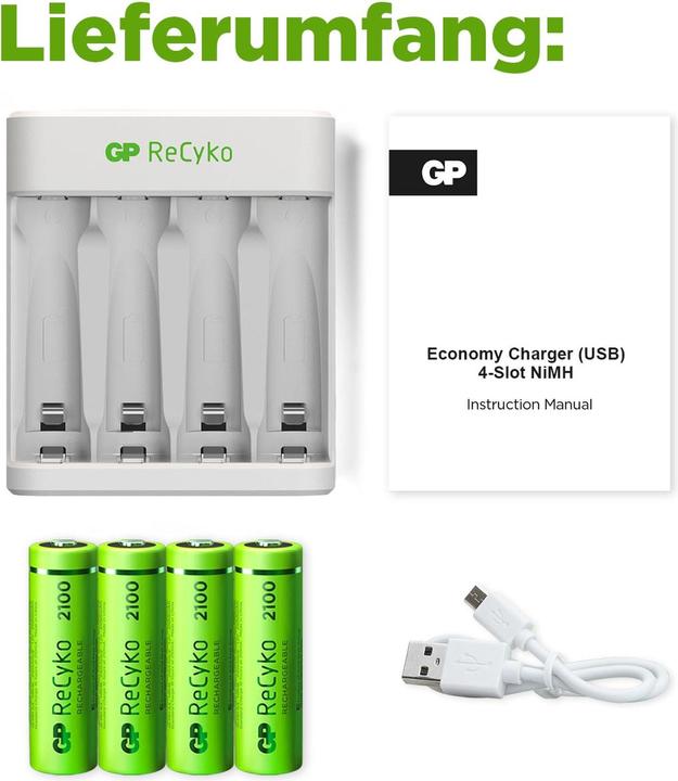 Produktbild GP Batteries USB-Modell Ladegerät GP E411 inkl. 4x ReCyko 1,2V AA Mignon 2100 mAh Akkus (4 Stk., AA, Ladegerät inkl. Akku)
