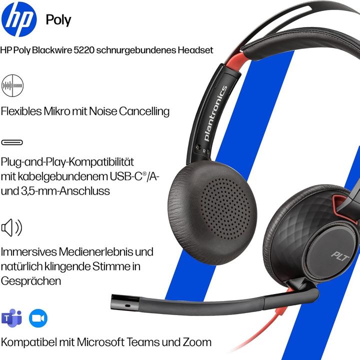 Actual product image Poly Blackwire 5220 Wired Headset (Cable, USB-A, Microsoft teams, Zoom)