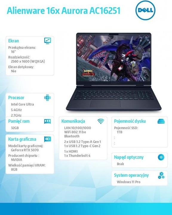 Produktbild Dell Alienware 16x Aurora AC16251 Win11Pro C9 Laptop (US)