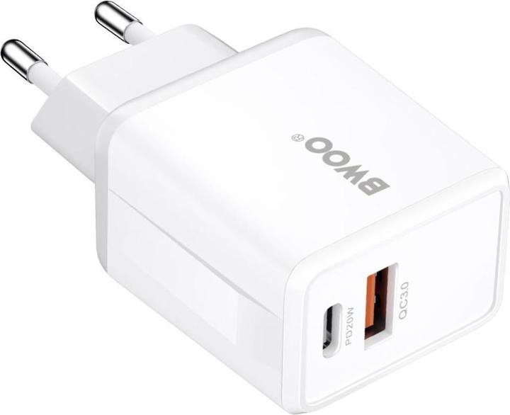 Actual product image Bwoo wall charger CDA182 QC 38W 1x USB-A + 1x USB-C with USB-C C-Lightning cable 1 m black (38 W, 2 ports)