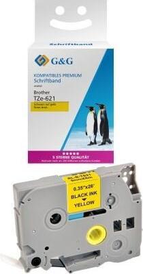 Produktbild G&G Schriftband 9mm x 8m sw - gb Komp. m. Brother TZe-621 (0.90 cm, Gelb)
