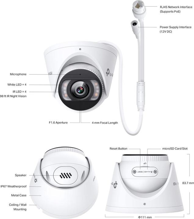 Productafbeelding TP-Link INSIGHT S485, CCTV Sicherheitskamera, Draussen, Kabelgebunden, 107 m, 120 dB, Zimmerdecke (3840 x 2160 Pixels)