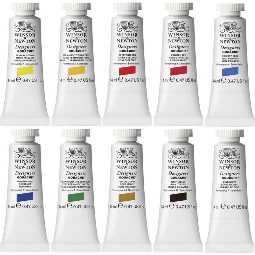 Winsor & Newton, Künstlerfarbe + Bastelfarbe, Designers Gouache Introductory (Schwarz, Blau, Rot, Grün, Gelb, Weiss, 14 ...