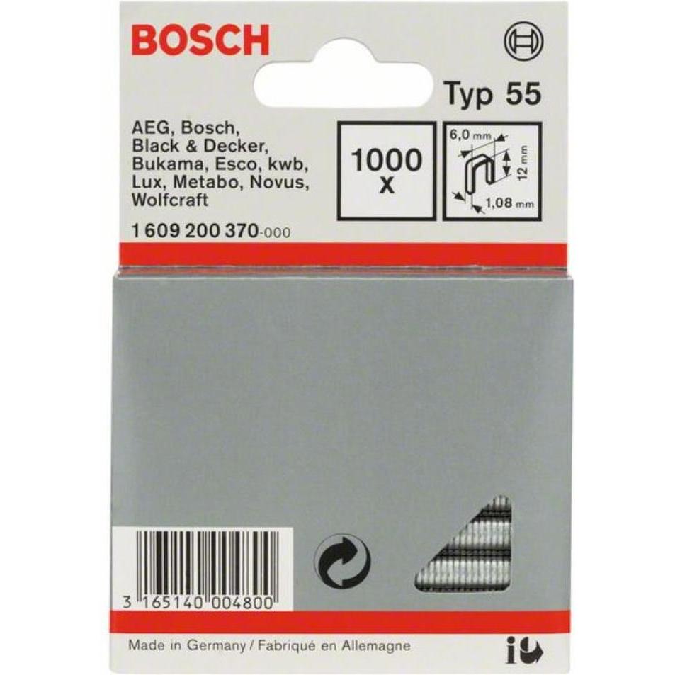 Bosch Professional Zubehör, Tackerklammern + Tackernägel, Schmalrückenklammer Typ 55, 6 x 1,08 x 12 mm, 1000er-Pack
