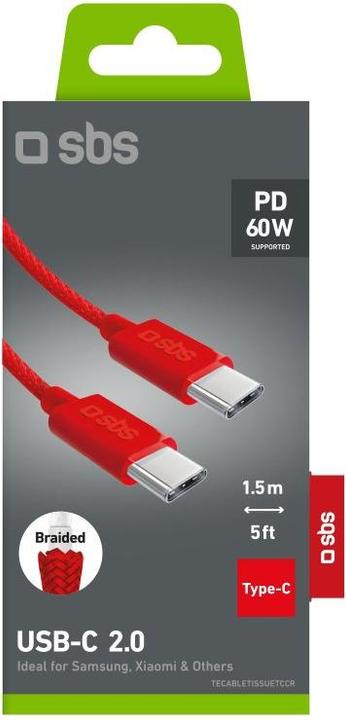 Produktbild SBS Tissue cable Type-C to Type-C 1.5m Rot (1.50 m, USB 2.0, 60 W)