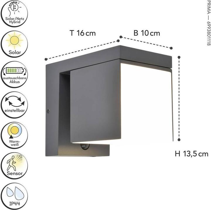 Image du produit Lutec Solar Hybrid LED Wall Light Prima 3000k (400 lm, IP54)