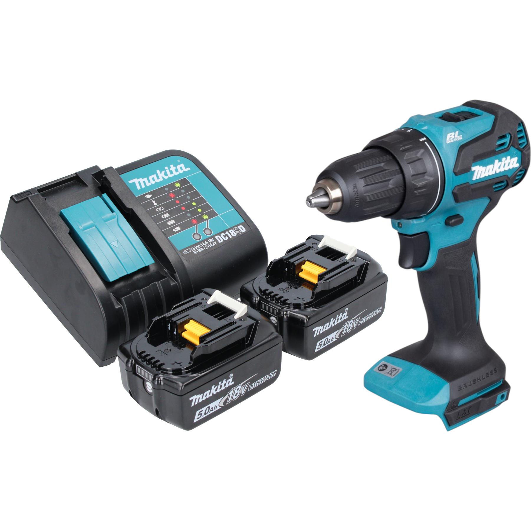 Makita, Trapano + Avvitatore a batteria, DDF 490 ST Akku Bohrschrauber 18 V 65 Nm 1/2" Brushless + 2x Akku 5,0 Ah + Ladegerät