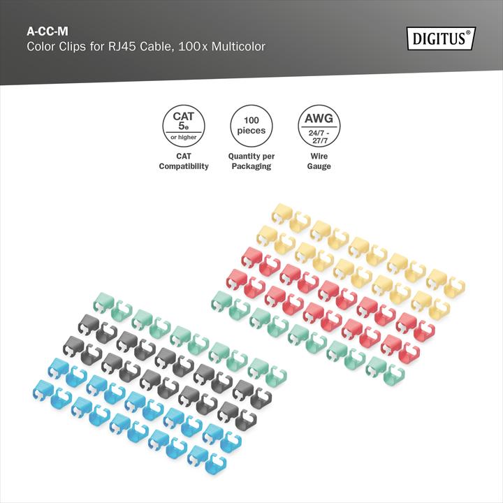 Produktbild Digitus Farbclips für RJ45-Kabel Mischfarben, 20 Stk. x 5 Farben (CAT5e, 0.01 m)