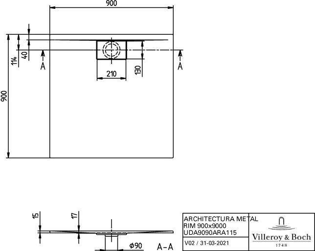 Actual product image Villeroy & Boch V&B Shower tray ARCHITECTURA METALRIM square 900x900x15mm white