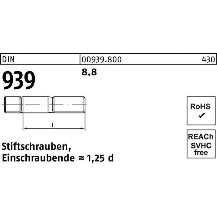 Schrauben, Stiftschraube DIN 939 M 24 x 130 8.8 Einschraubende=1,25d (5 Schrauben pro Stück)