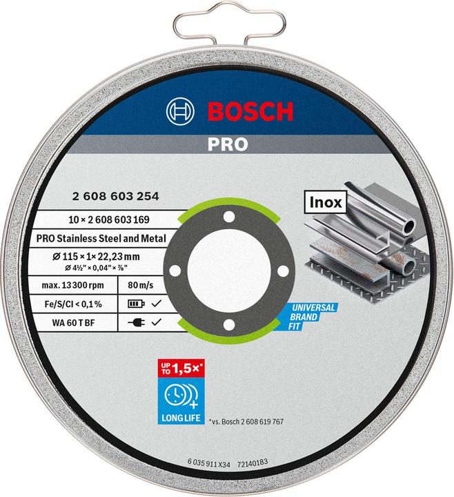 Image du produit Bosch Professional Zubehör Disque à tronçonner PRO Stainless Steel and Metal, 115 x 1 x 22,23 mm