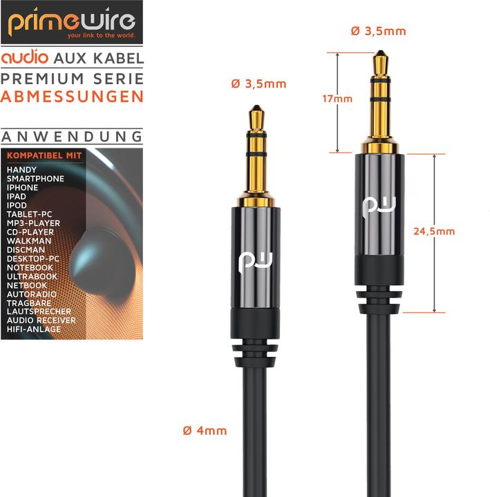 Produktbild Primewire AUX zu 3,5mm Klinke Audio Kabel, HiFi Klinkenkabel für Audiogeräte Premium Series (7.50 m, 3.5mm Klinke (AUX))