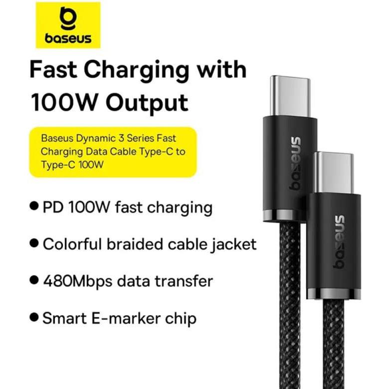 Thumbnail - Baseus USB-C to USB-C Dynamic 3 Series, 100W, 5A, 2m, schwarz (2 m, USB 3.2 Gen 1), USB Kabel