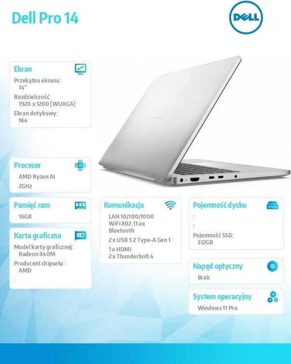 Actual product image Dell Laptop Pro 14 PC14255/AMD Ryzen AI 5 PRO (Eng. Int., AMD Ryzen AI 5 PRO 340)