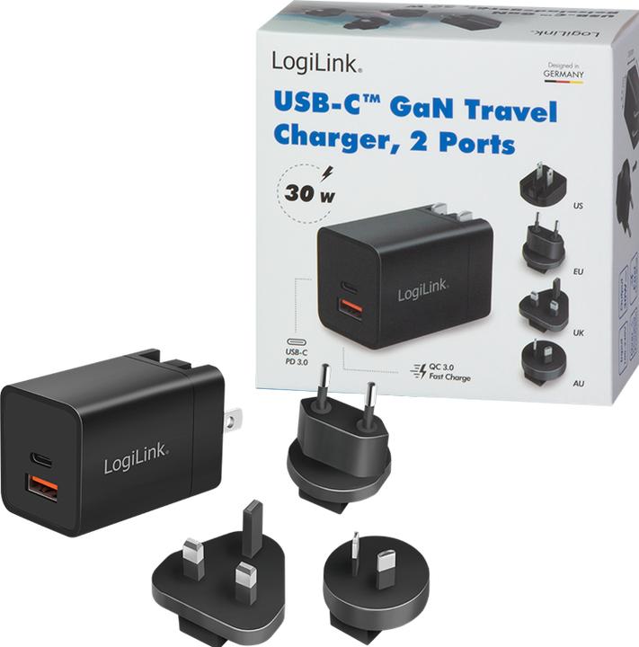 Actual product image LogiLink USB socket travel adapter, 1x USB-A, 1x USB-C, GaN technology, 30 W (30 W, 2 ports)