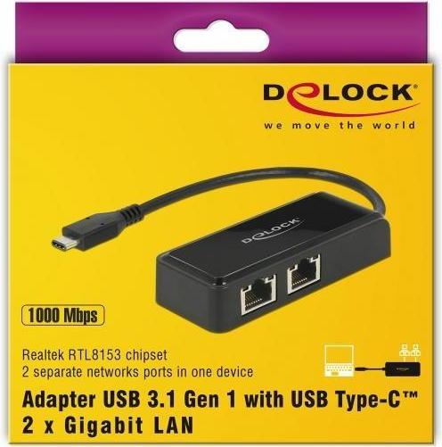 Productafbeelding Delock USB3.1 netwerkkaart type-C - 2x RJ45, 27cm (USB 3.1 Gen 1, RJ45 Gigabit Ethernet (2x))