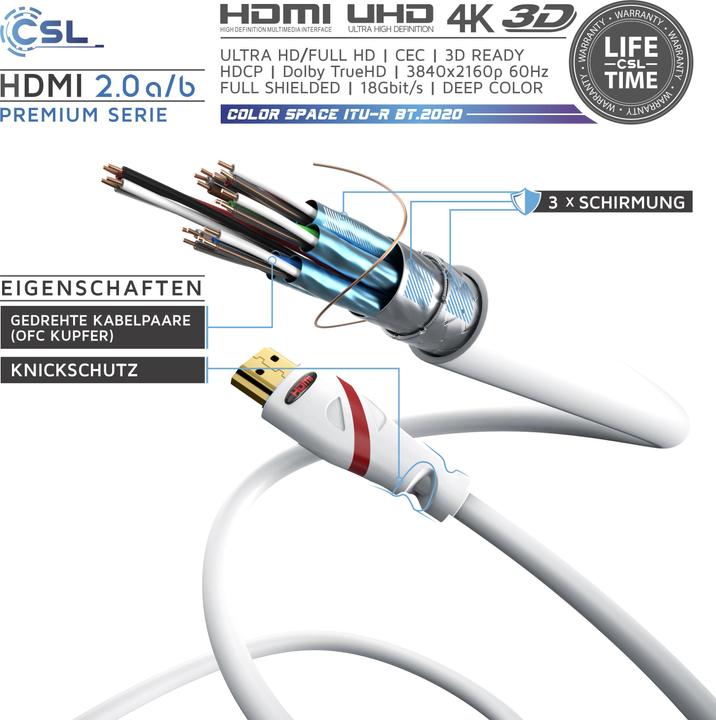 Actual product image CSL HDMI cable 2.0b - 4k Ultra HD 2160p - 3D Ready - High Speed - 3 x shielded - HDMI 2.0b 2.0a 2.0 (7.50 m, HDMI)