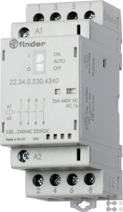 Finder Installation contactor Series 22, 25 A 22.34.0.024.4340 4 NO contacts (30/110/220 V) 25/5/1 A