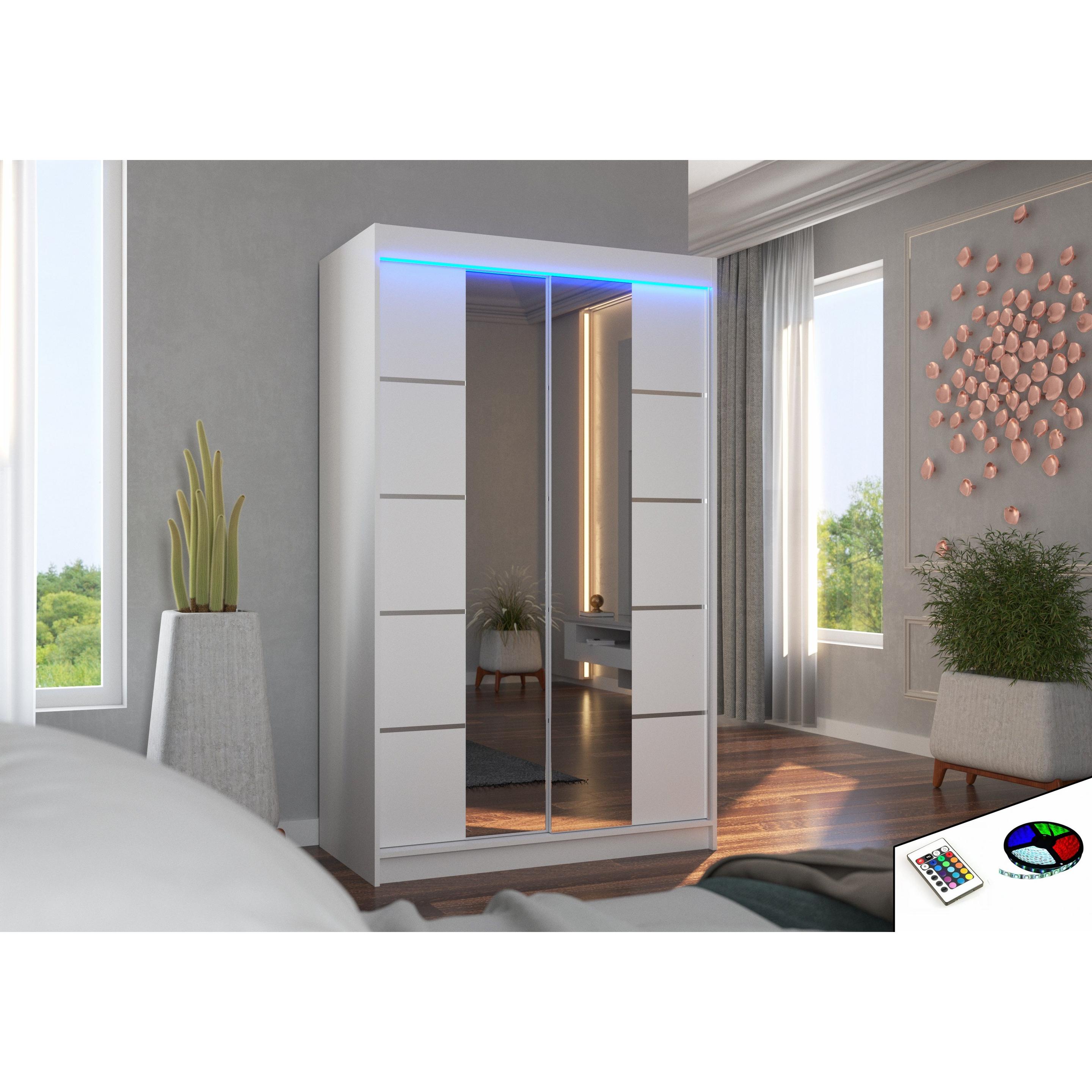 Thumbnail - ADRK Furniture, Kleiderschrank, Verschiebbarer Kleiderschrank mit Spiegel und Beleuchtung LED GENUA 120 (120 x 58 x 200 ...