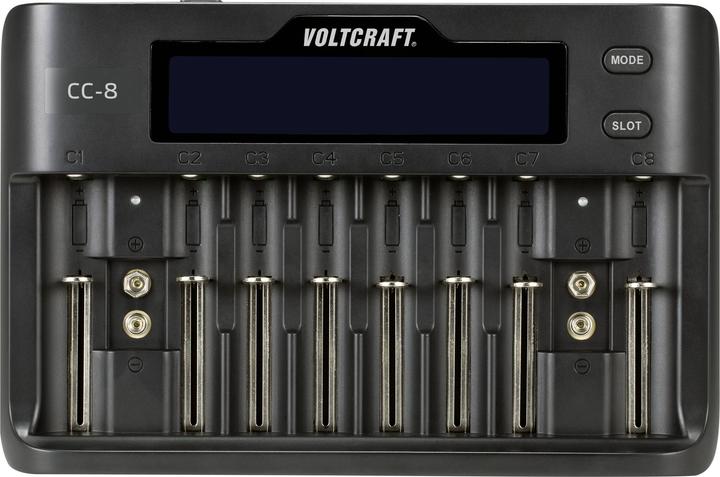 Voltcraft CC-8 Round Cell Charger (1 pcs., 10340, 14500, 16340, 17500, 17650, 18490, 18500, 18650, 21700, 22650, 26500, 26650, A, Sub-C, AAA, AA, 9V Block, Chargers without battery)