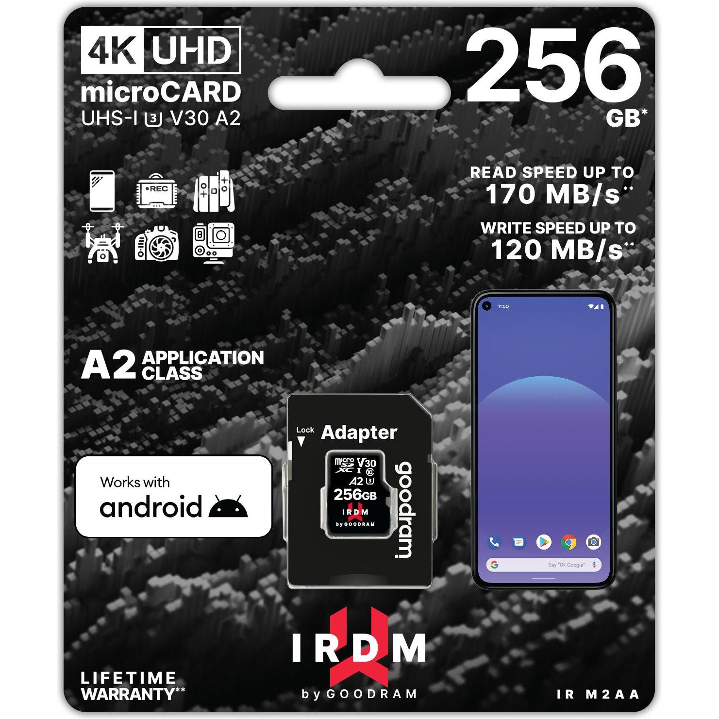 Thumbnail - Goodram IRDM microSDXC 256GB V30 UHS-I U3 + adapter (256 GB, microSDXC, U3, UHS-I), Speicherkarte, Schwarz