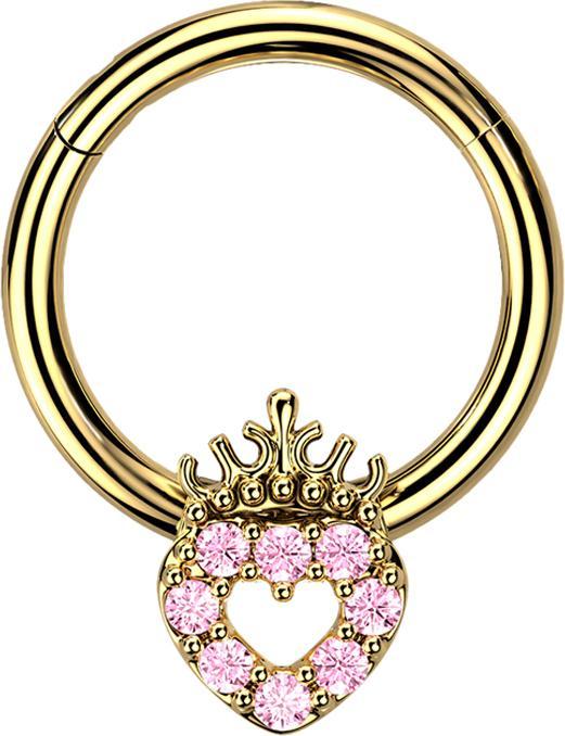 Produktbild Star Piercing Micro Segmentring klappbar vergoldet Herz mit Kristallen pink und Krone (Messing, Chirurgenstahl 316L)