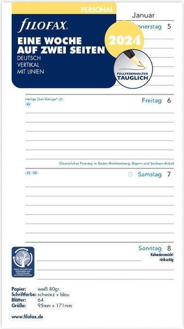 Filofax Calendar insert (95 x 171 mm, 1 week / 2 pages)