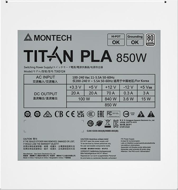 Actual product image Montech Titan PLA 850W - 80 PLUS & Cybenetics Platinum, modular, PCIe 5.1 - 850 Watt (850 W)
