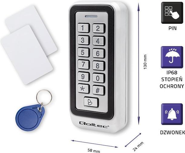Actual product image Qoltec 52442 Code lock RHEA su RFID reader Code Card key fob Doorbell IP68 EM
