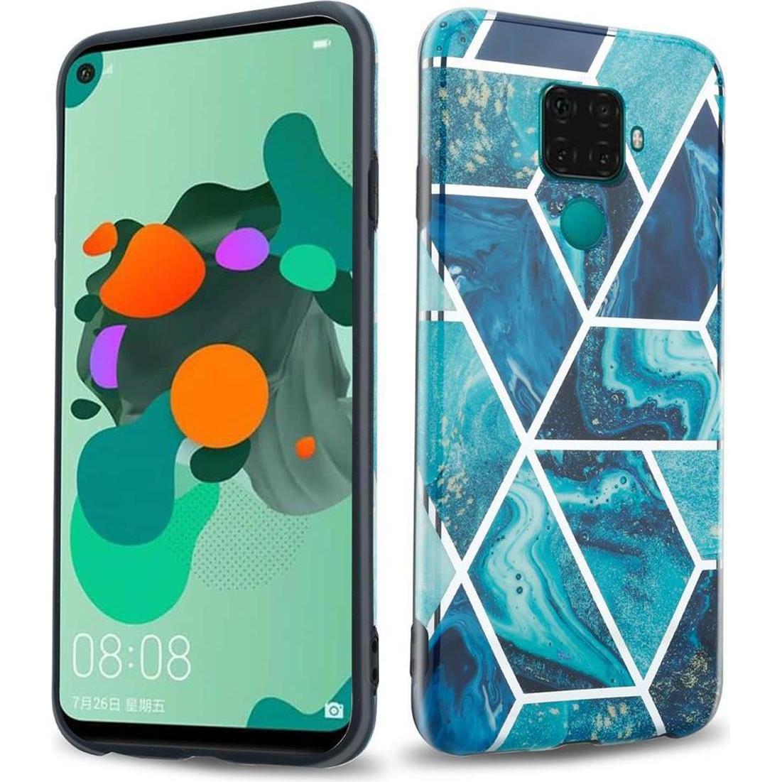 Cadorabo IMD TPU Bunter Marmor Cover (Huawei Mate 30 Lite), Smartphone Hülle, Blau