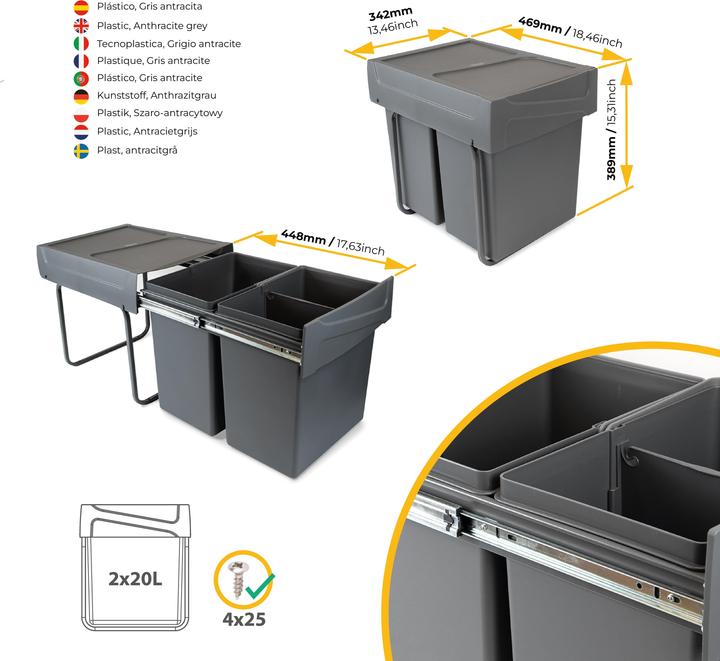 Actual product image Emuca Kitchen waste bin, 2 x 20L (40 l)