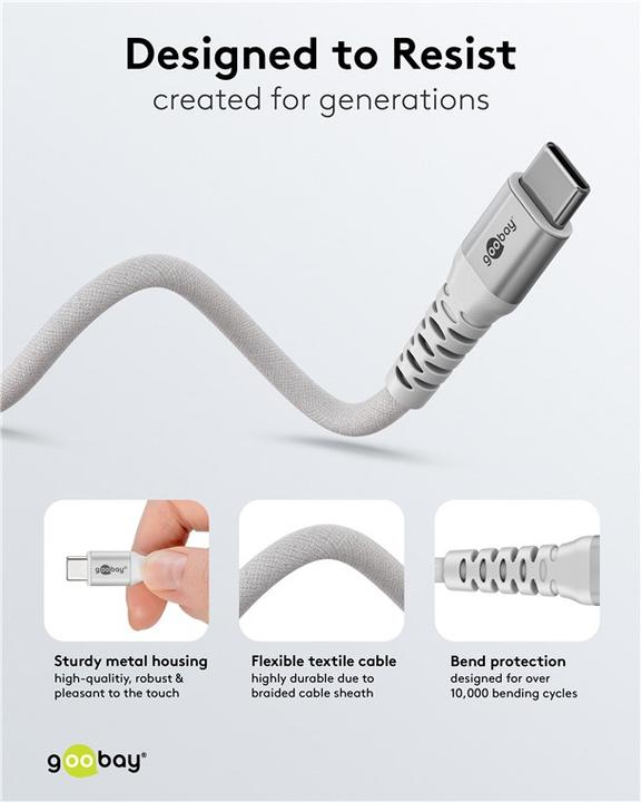 Immagine prodotto Goobay Cavo tessile da USB-C a USB-C con spine in metallo, 3 m, bianco (3 m, USB 2.0, 60 W)