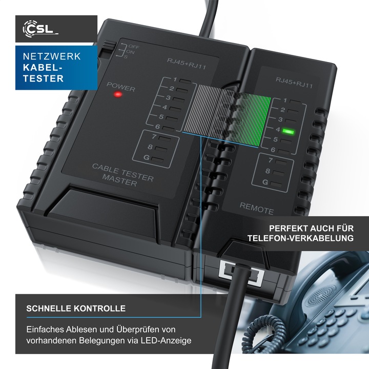 Produktbild CSL Netzwerk Kabeltester für RJ45 RJ11-Kabel - Patchkabel Leitungstester - LAN Network Cable Tester