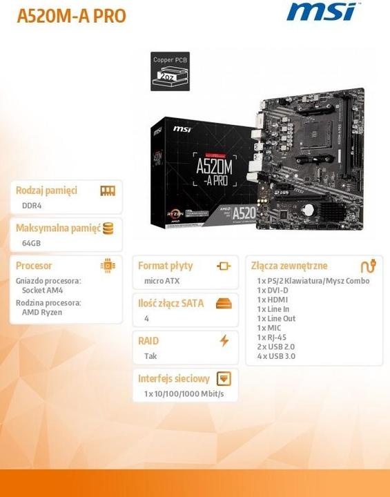 Image du produit MSI A520M-A Pro (AM4, AMD A520, mATX)