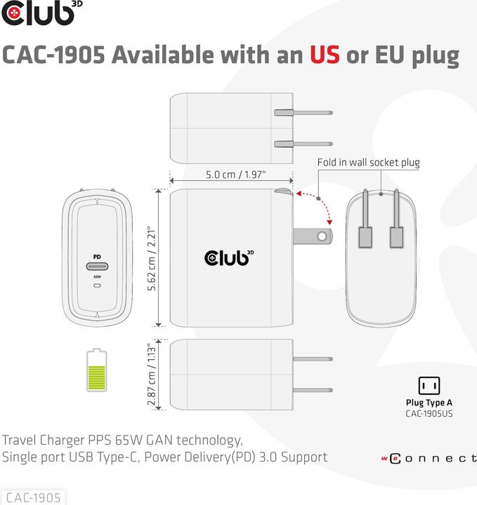 Produktbild Club 3D Travel Charger 65W GAN technology (65 W, 1 Port)