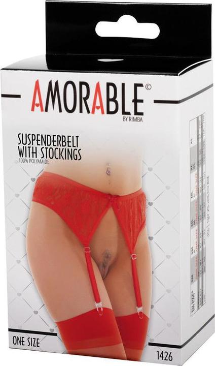 Produktbild Amorable by Rimba Suspender Belt Of Luxurious Red Lace With Matching Stockings (One Size)