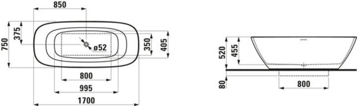 Actual product image Laufen INO bathtub 1700x750x520 freestanding Ovale white (230 l, 170 cm, 75 cm)
