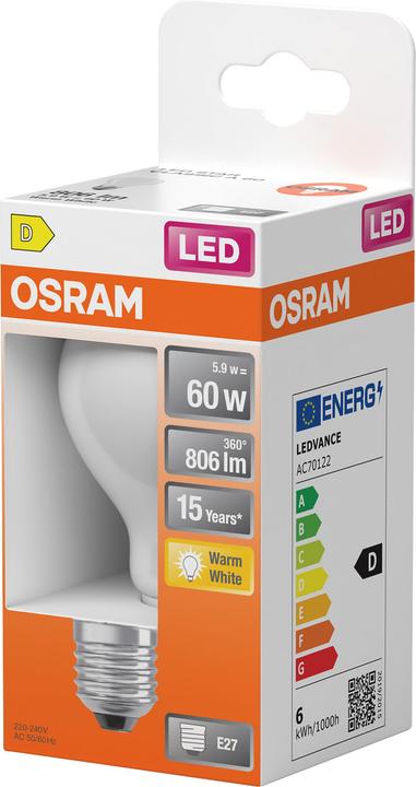Produktbild Osram LED Leuchtmittel LED Retrofit CLASSIC A 5.9W 827 Frosted E27 Warm weiss 4099854467738 (E27, 5.90 W, 806 lm, 6 x, D)