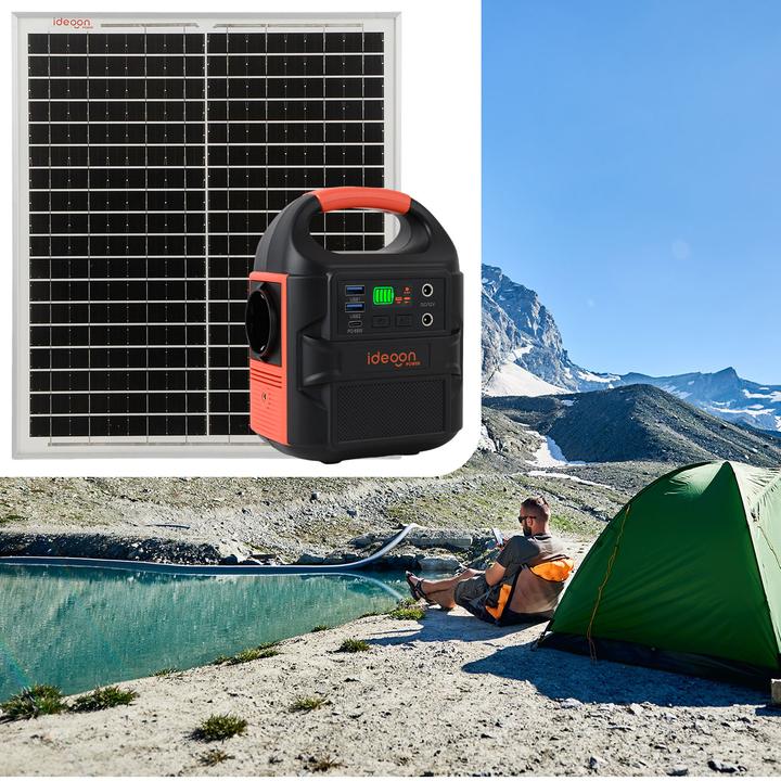 Actual product image Ideoon Mobiles Powerstation Set 88,8Wh mit 20W Solarmodul, 230V Steckdose, 100W, USB-C PD 65W