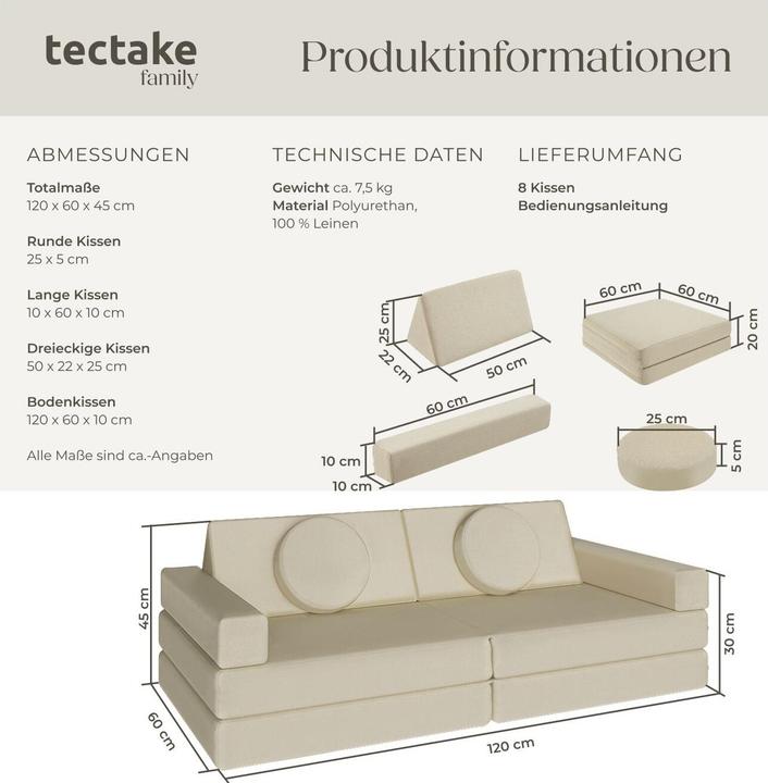 Image du produit tectake Canapé de jeu Lilly, 8 pièces, avec fonction de couchage (Canapé pour enfants)