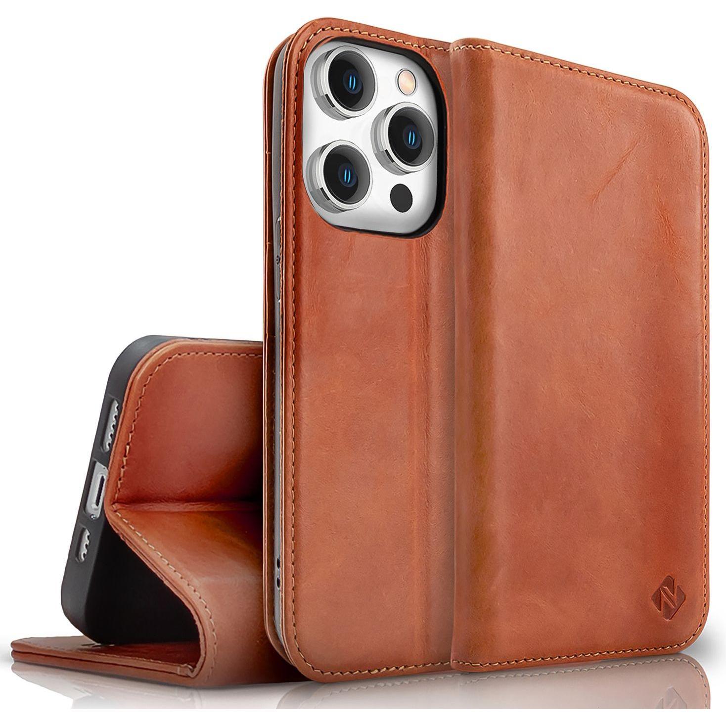 Nalia Echt Leder Flip Case Hülle mit Magnetverschluss (Apple iPhone 15 Pro Max), Smartphone Hülle, Braun