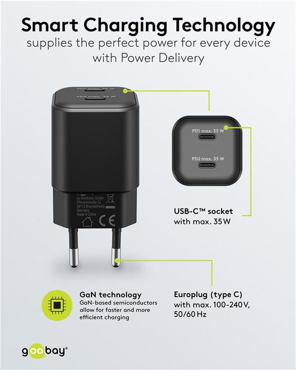 Produktbild Goobay USB-C PD GaN Dual-Schnellladegerät Nano 35 W schwarz (35 W, 2 Ports)