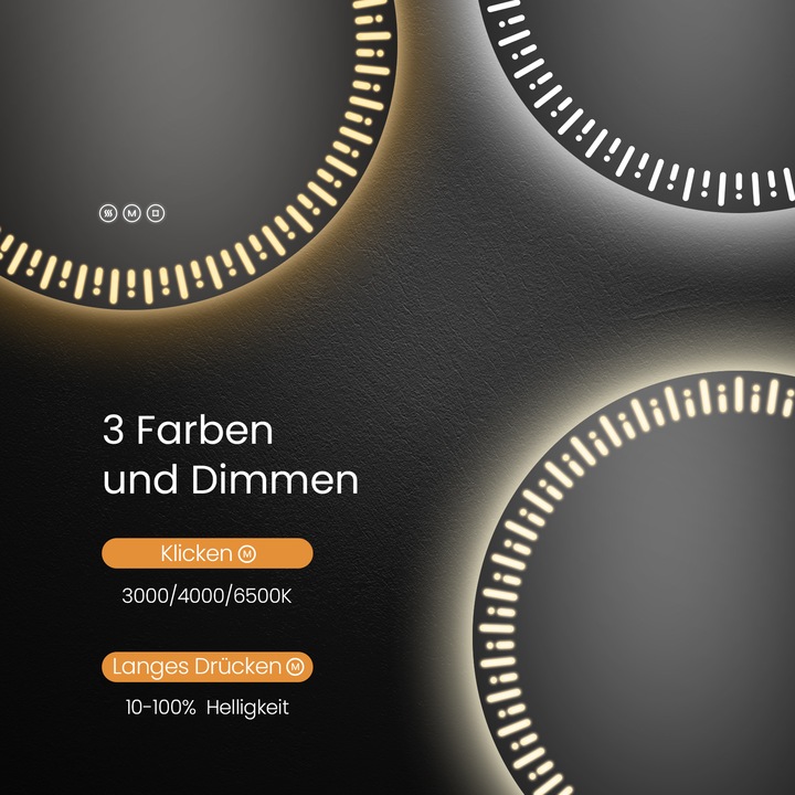 Produktbild Emke Badspiegel mit Beleuchtung Φ50cm,Beschlagfrei, 3 Farbtemperaturen(3000K-6500K) und dimmbaren