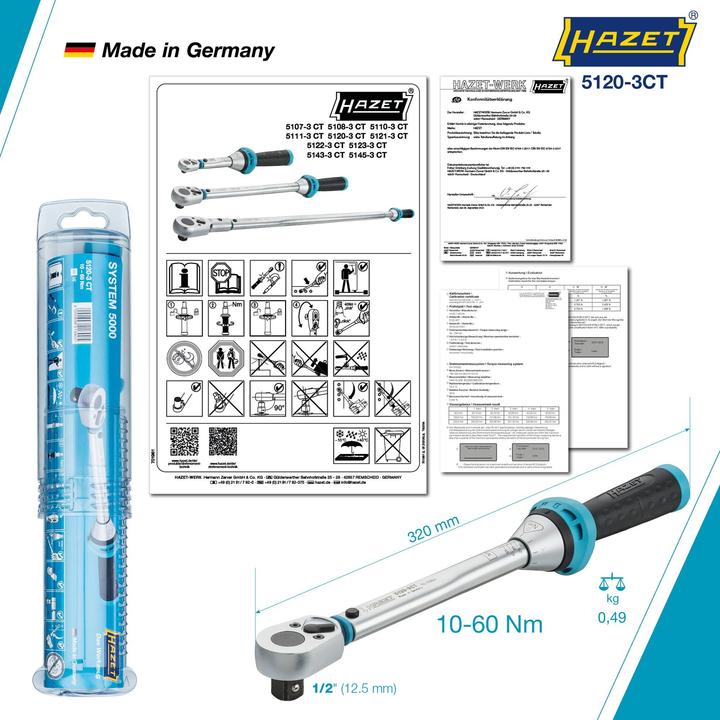 Produktbild HAZET Drehmomentschlüssel 5120-3CT ∙ Nm min-max: 10 - 60 Nm ∙ Toleranz: 3% ∙ Vierkant 12,5 mm (1/2 … (1/2", 10 Nm, 60 Nm)